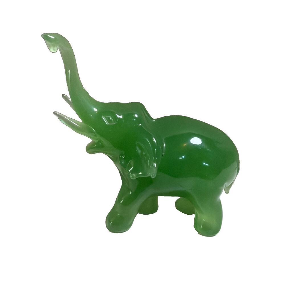 Jadite Green Glass Lucky Trunk Up Elephant Figurine Handcrafted in China